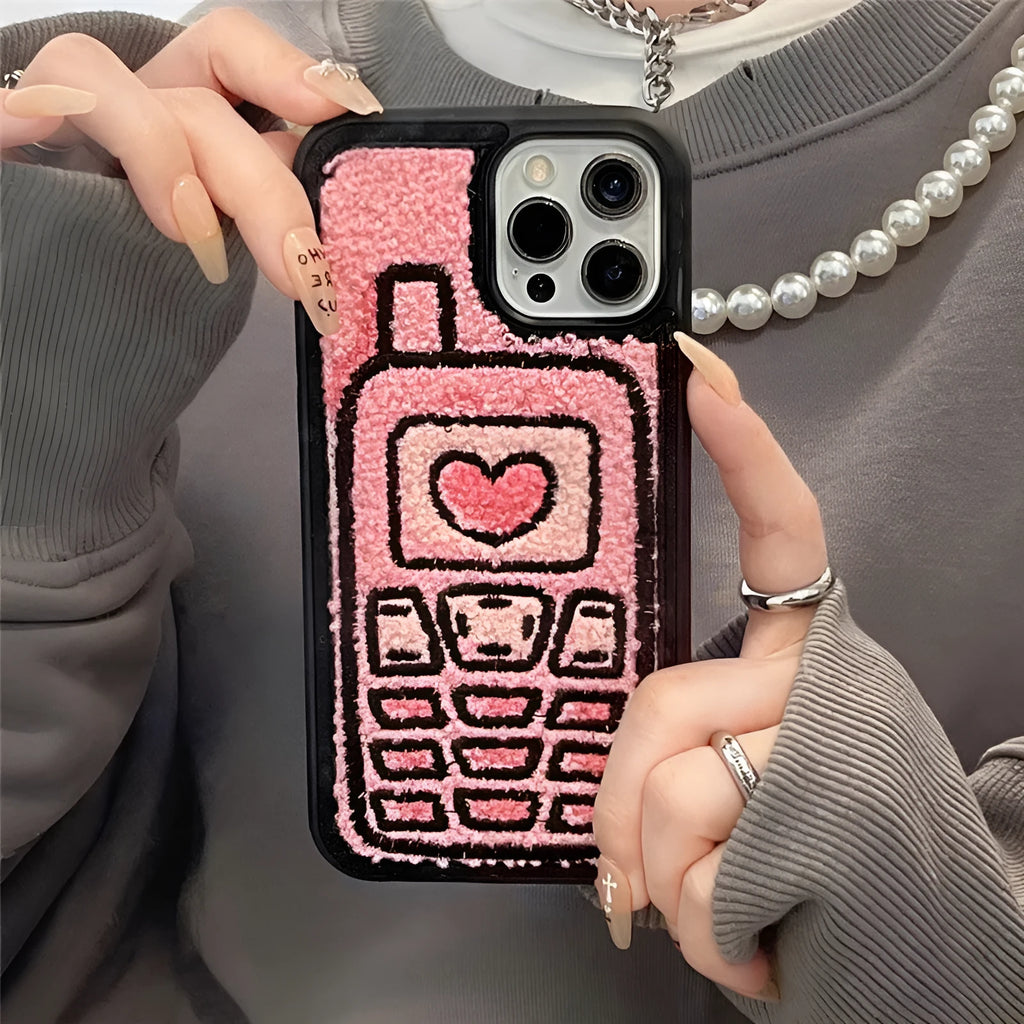 Pink TPU iPhone case with embroidered towel design for iPhone 11-15 models
