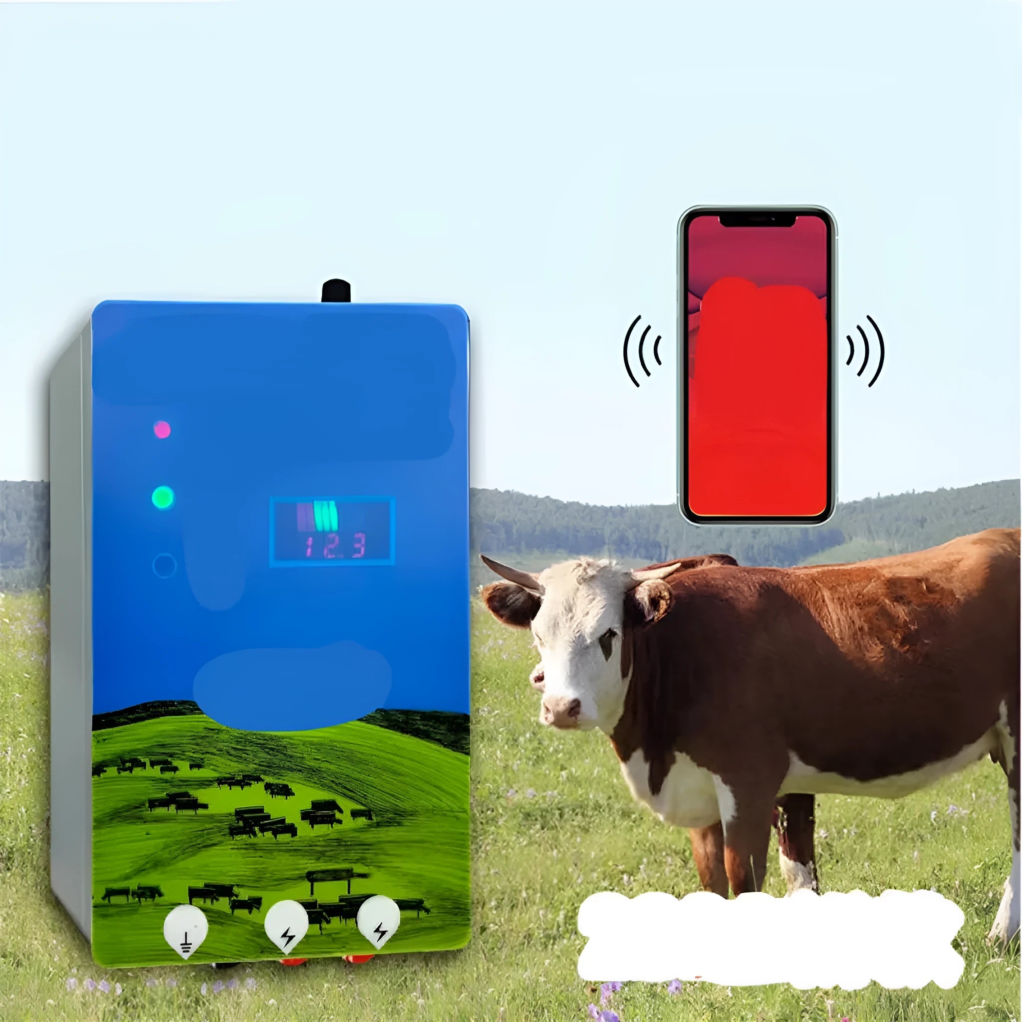 Electronic alarm host unit for a high-voltage livestock electric fence system with charger and ear clips.