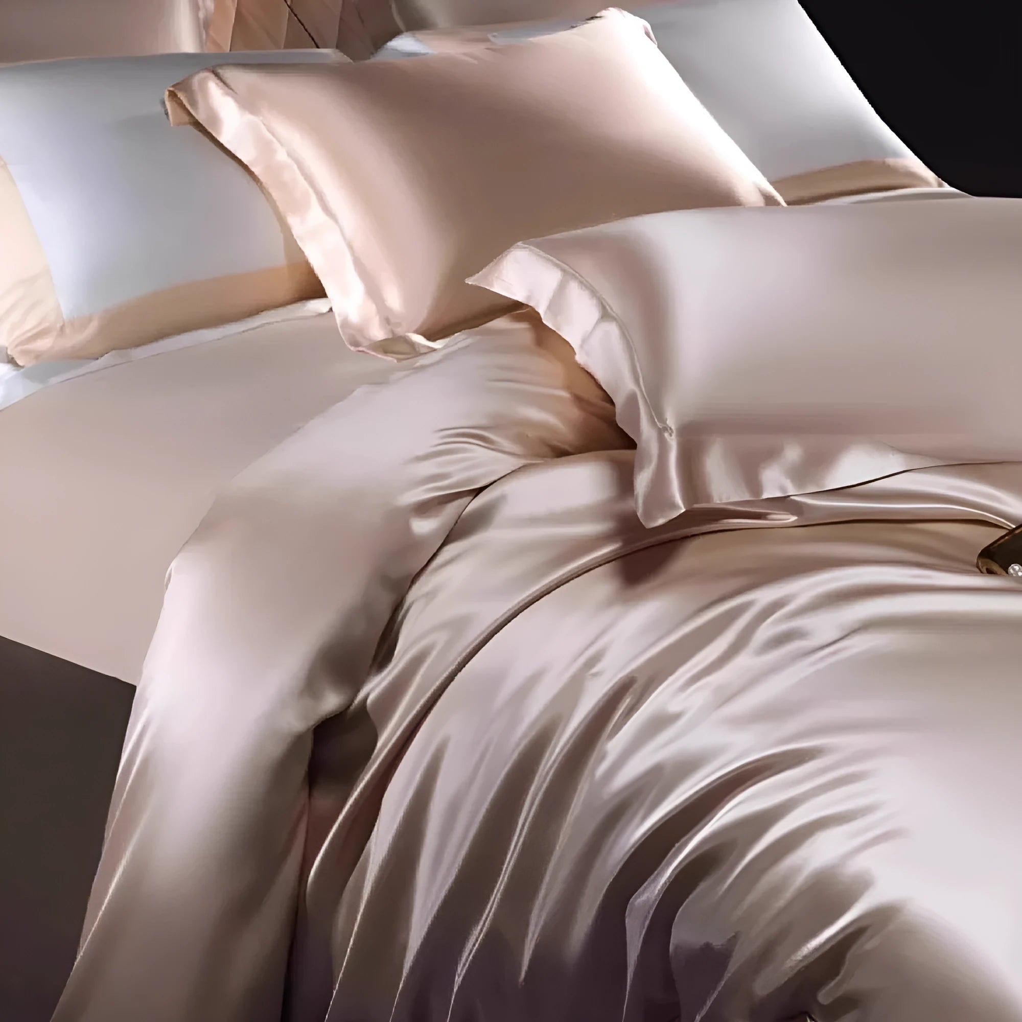 Silk four-piece quilt cover set in solid colour with fitted or flat sheet options for UK bed sizes.