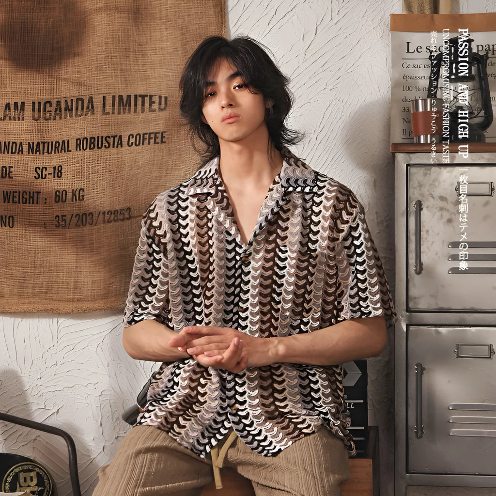 Japanese style Cuban collar short sleeve shirt with hollow jacquard pattern in grey colour