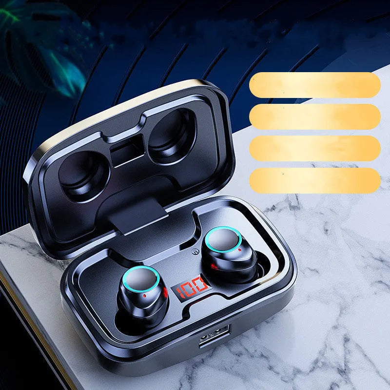 Black wireless Bluetooth in-ear earphones showing earpiece design