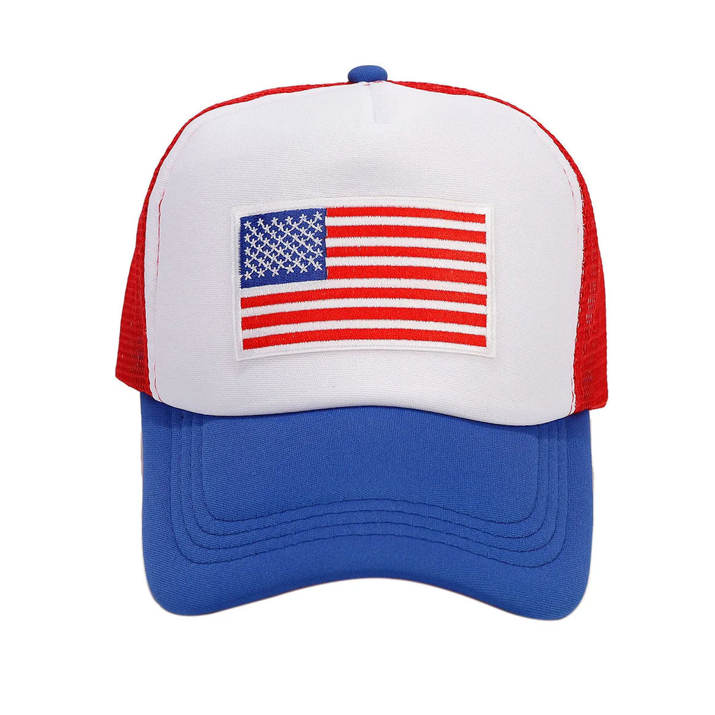 Red and blue contrast adjustable baseball cap with dome crown and mesh fabric