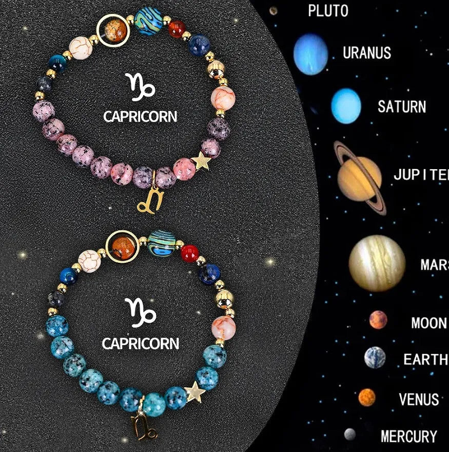 Natural stone zodiac beaded bracelet set showing twelve different sign designs with colourful crystal beads on adjustable cords