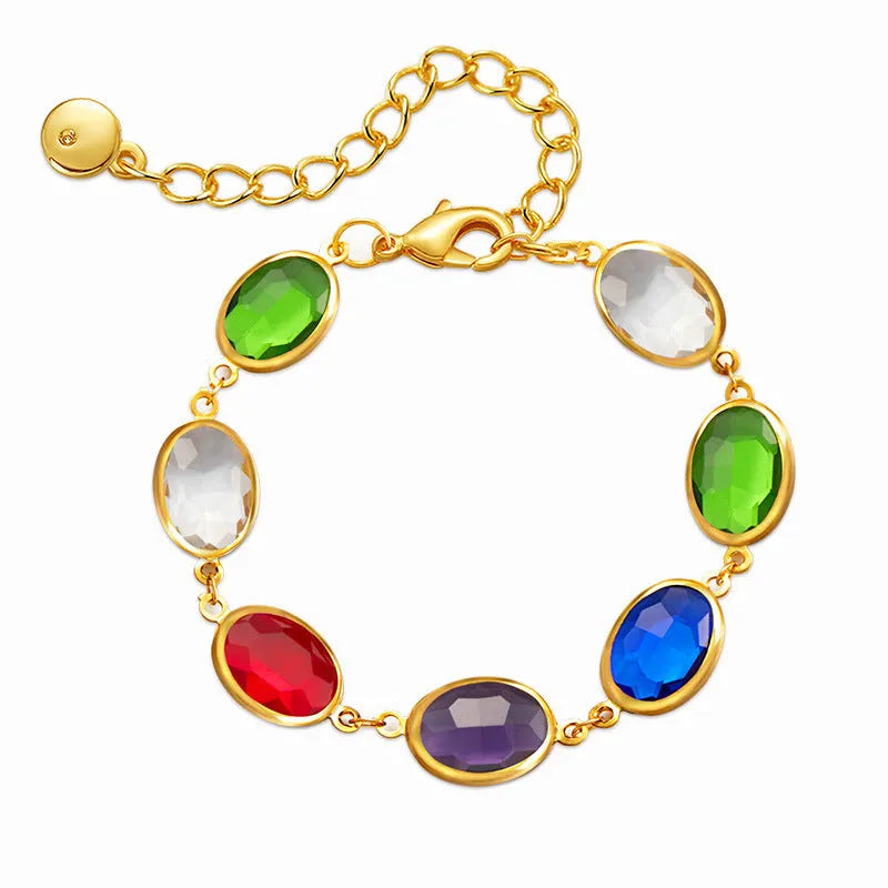 Geometric elliptical women's bracelet with blue glass inlay on an 18K copper band.