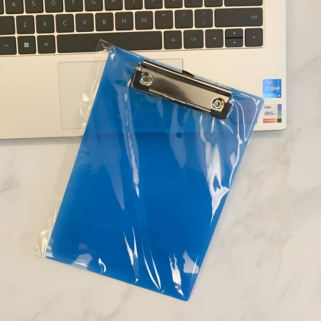 Transparent A4 plate holder with metal clip showing document visibility and colour options