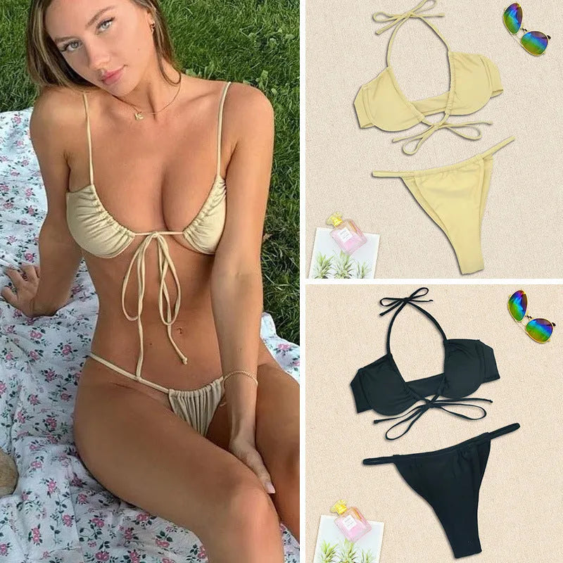 Women's fashion split bikini swimsuit set in black or mint green with nylon fabric construction