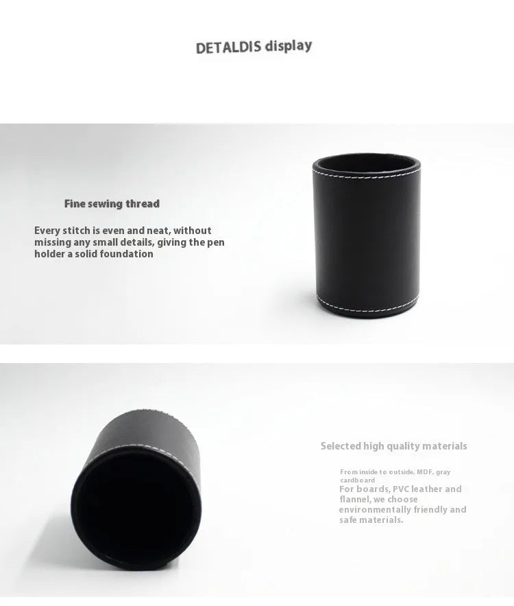 Small round black leather pen container showing dimensions