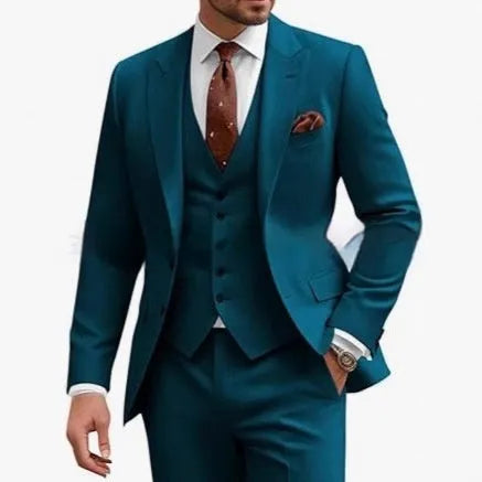 Men's slim fit three-piece suit in chemical fibre blend fabric available in multiple colours with Asian sizing