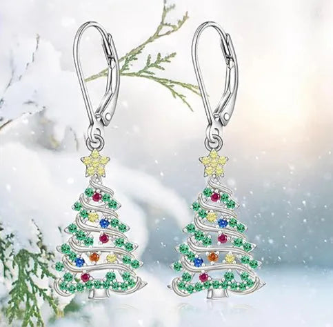 Women's Christmas tree earrings in copper with white gold colour finish and star shape design
