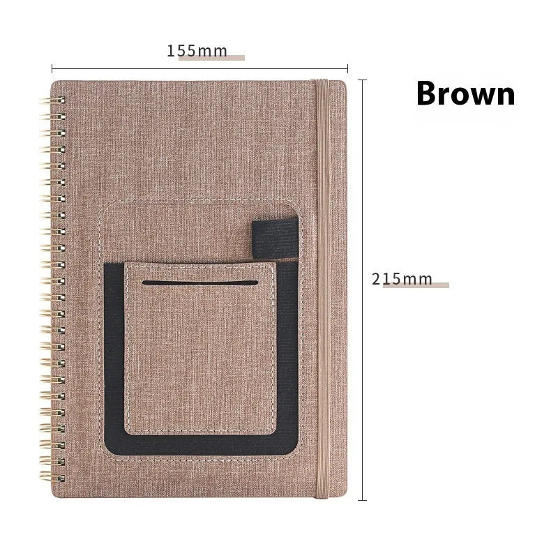 A5 erasable coil notebook with stone paper and pen on wooden surface