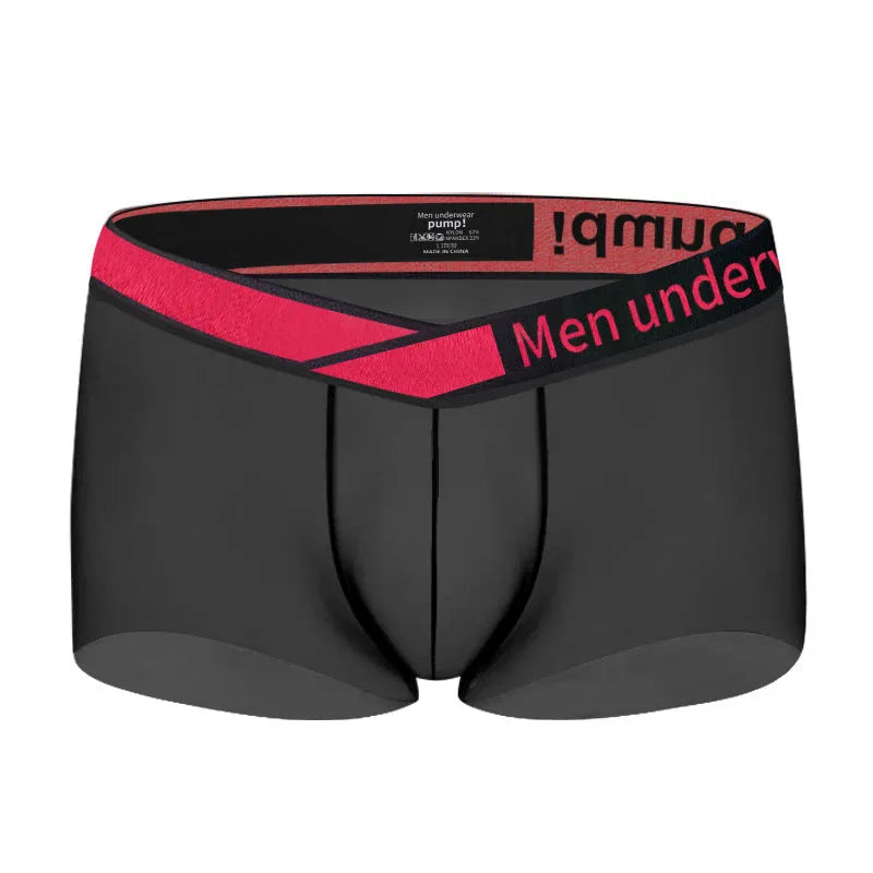 Men's low-waist modal nylon underwear with gradient laser pattern in black, red, and white colours