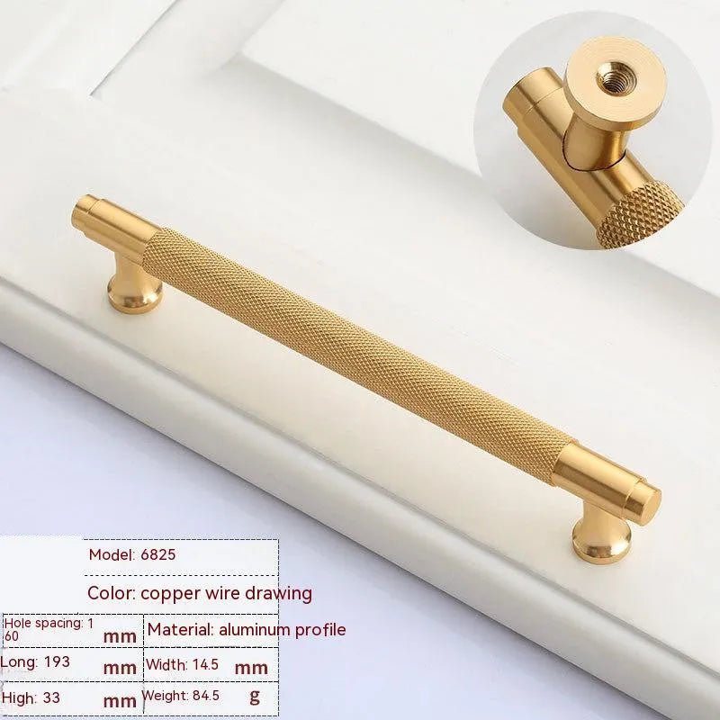 Aluminium alloy furniture handle with brushed brass finish showing multiple hole spacing options