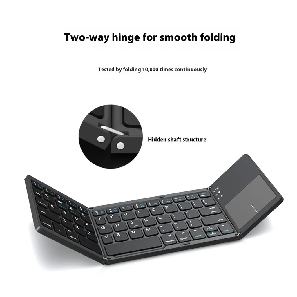 Mini tri-fold Bluetooth keyboard shown open and folded, with black and silver colour options