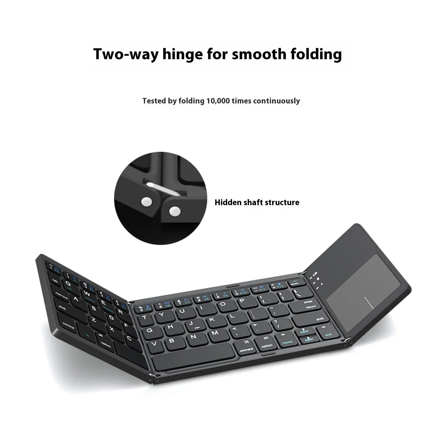 Mini tri-fold Bluetooth keyboard shown open and folded, with black and silver colour options