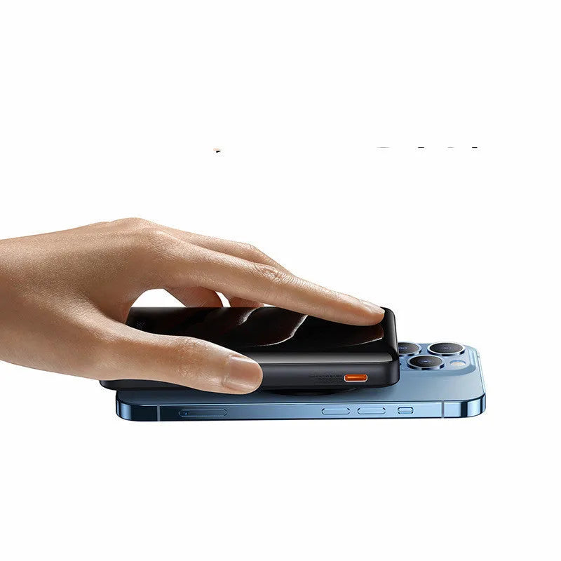 Slim blue magnetic wireless power bank showing compact dimensions and charging cable