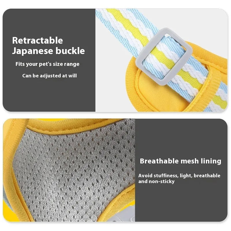 Green explosion-proof anti-strangulation pet safety harness vest with lead on a white background.