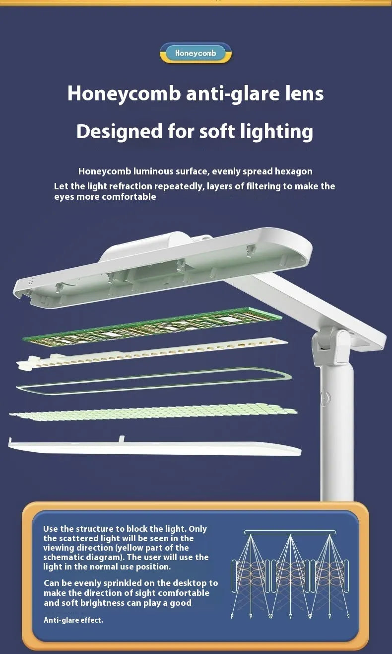 Adjustable desk lamp with integrated bookshelf showing three light colour settings and a charging cable.