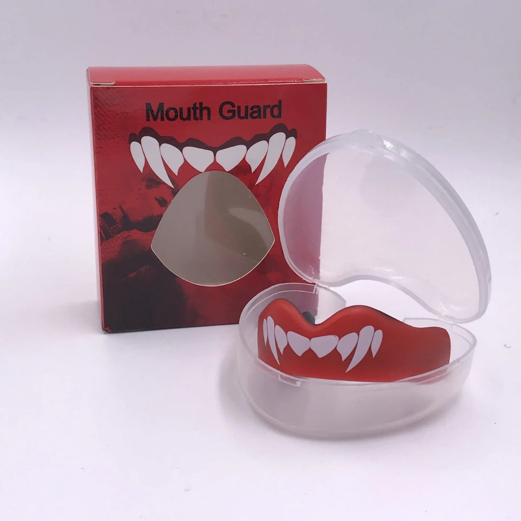 Adult boxing mouthguard with tooth socket-free design in black and white printed teeth pattern