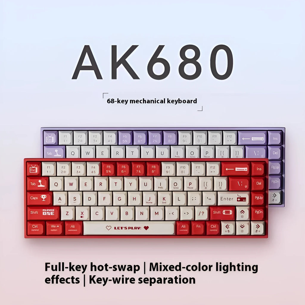 AJAZZ AK680 wired mechanical keyboard with red and white keycaps on a desk.