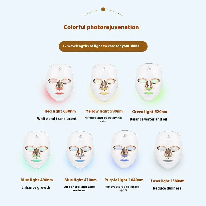 Rechargeable LED light therapy facial beauty mask in black, white, or rose gold trim.