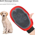 Red pet grooming glove with integrated silicone brush bristles for bathing and hair removal
