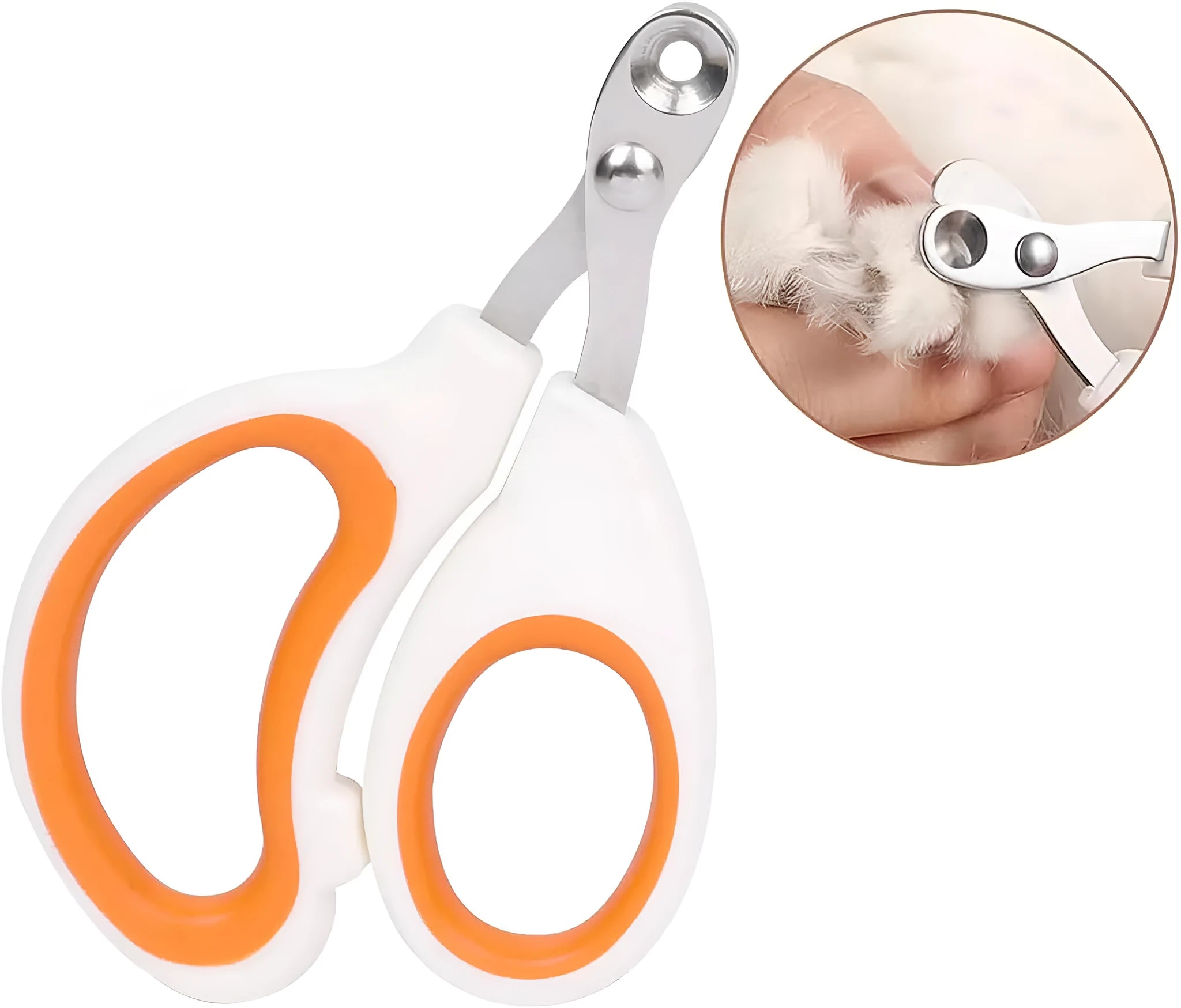 Blue pet nail clippers with circular cut hole and non-slip grip handles on a white background