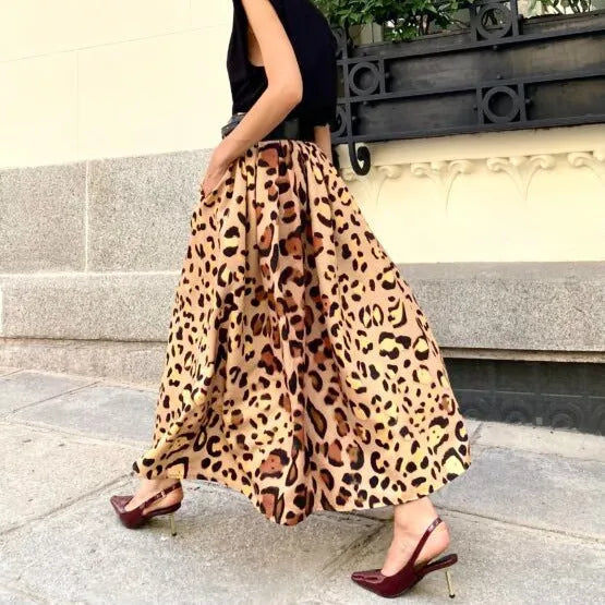 Brown leopard print women's A-line long skirt with big hem and structured polyester fabric