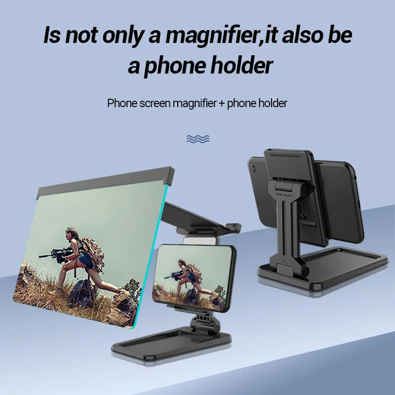 Black folding mobile phone screen magnifier with detachable holder on a desk