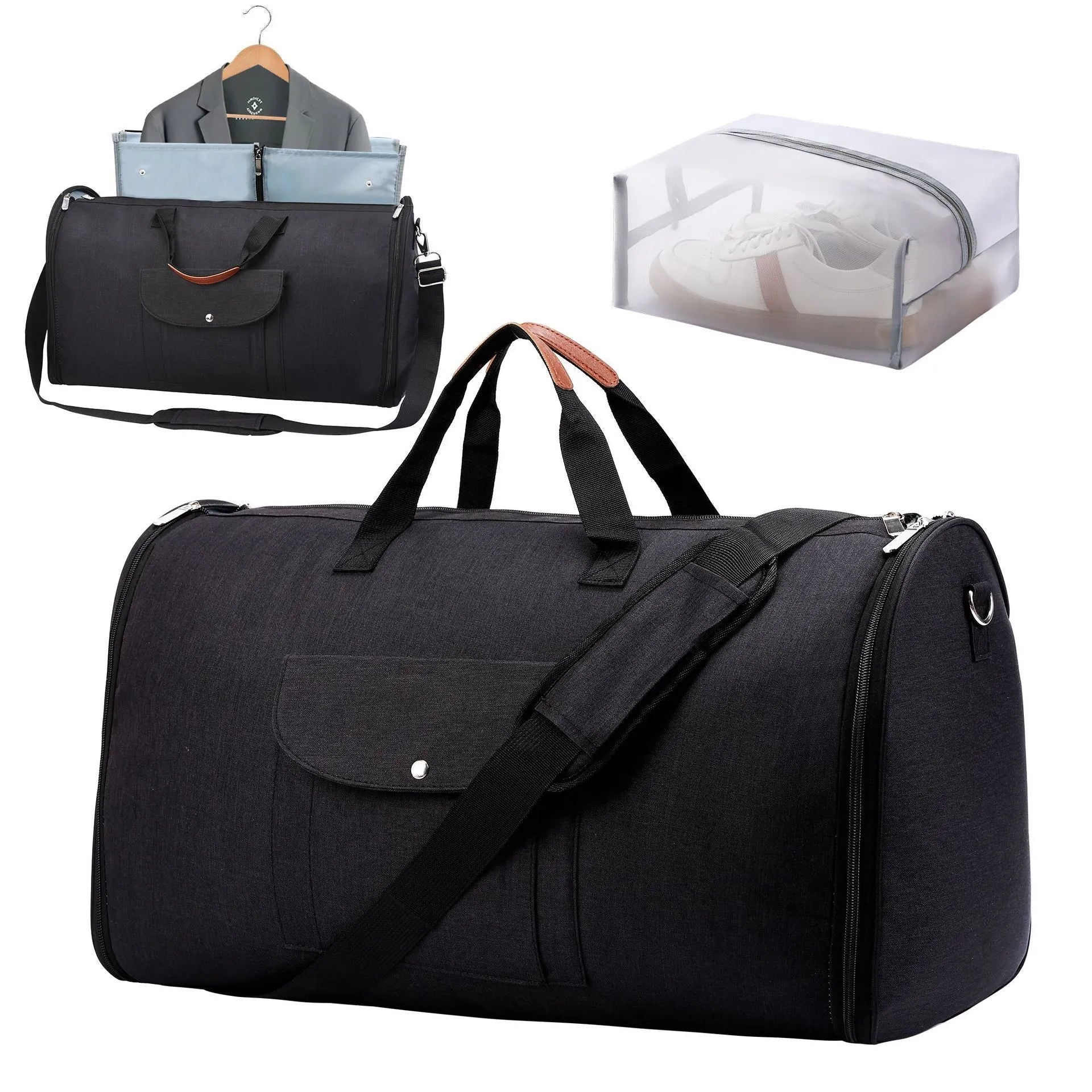 Folding duffel bag in Oxford cloth showing dark blue, grey, and black colour options
