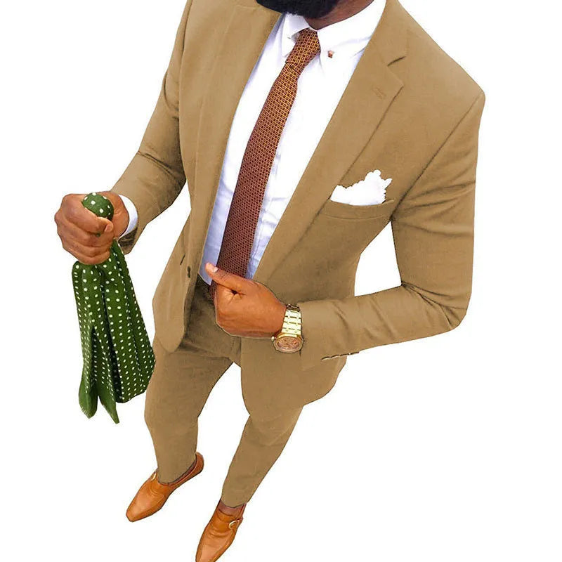 Man wearing a purple two-piece cotton suit jacket and trousers for a formal banquet