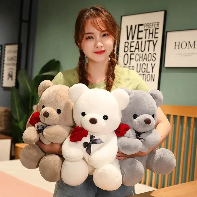 Plush teddy bear pillow in rose bear colours with cartoon design, shown in 25cm, 35cm and 45cm sizes
