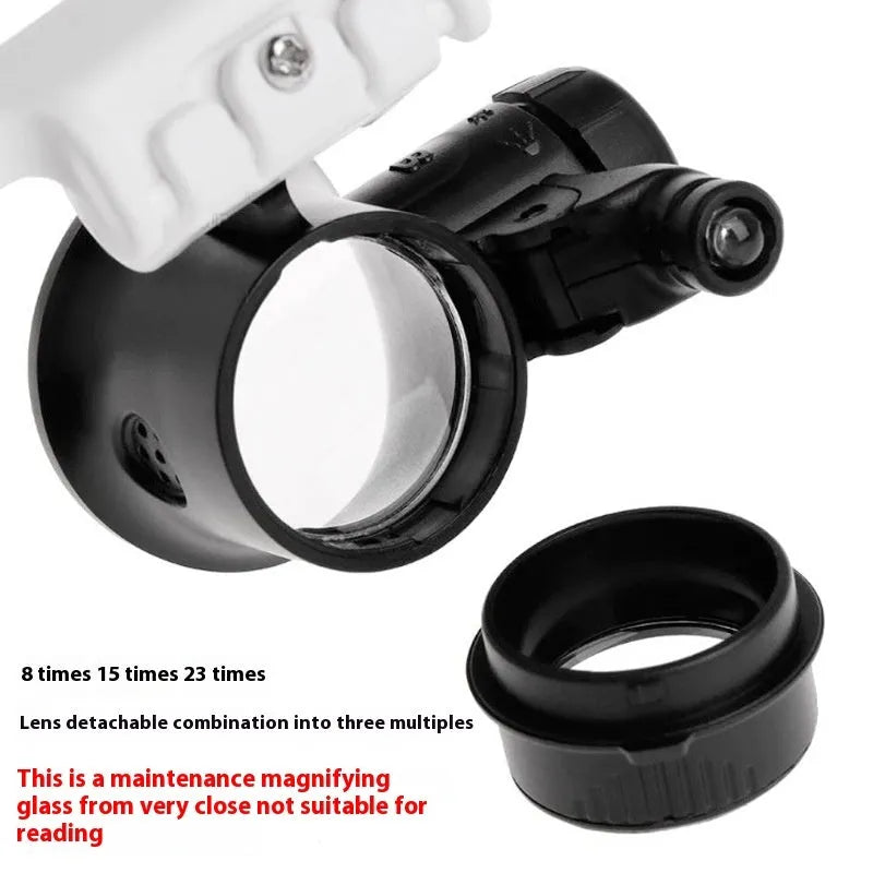 White head mounted magnifying glass with LED light, shown in unfolded position for use on a workbench.