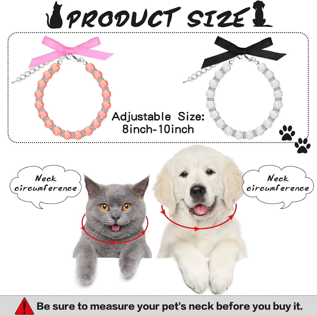 Small dog wearing blue imitation pearl and rhinestone necklace with adjustable clasp and ribbon bow