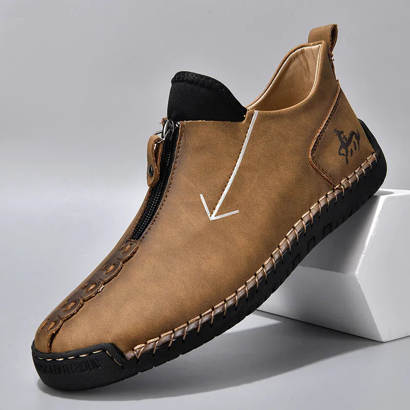 Men's black artificial PU leather Martin boots with front zipper and hand-stitched rubber sole