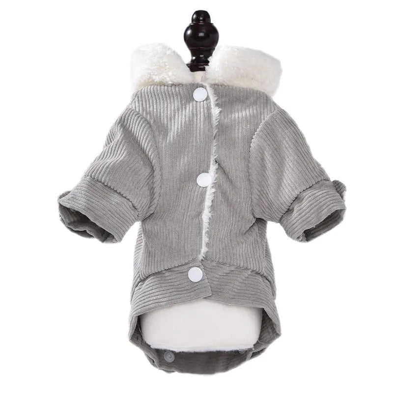 Lambswool fleece-lined padded vest for dogs and cats in grey or pink, shown in size range XS to XXL.