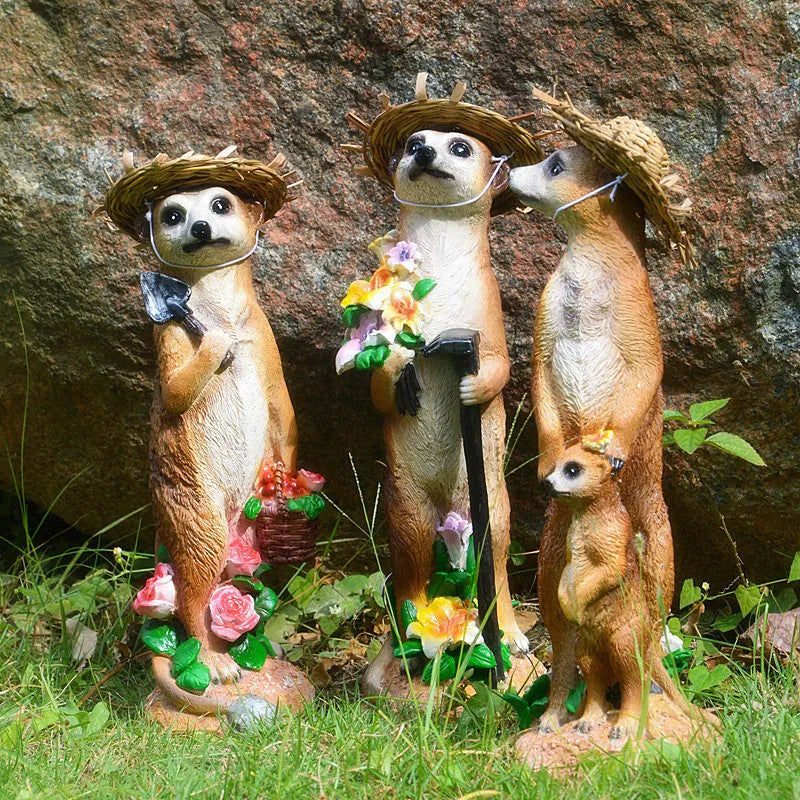 Straw hat mongoose garden ornament with synthetic resin construction for outdoor decoration