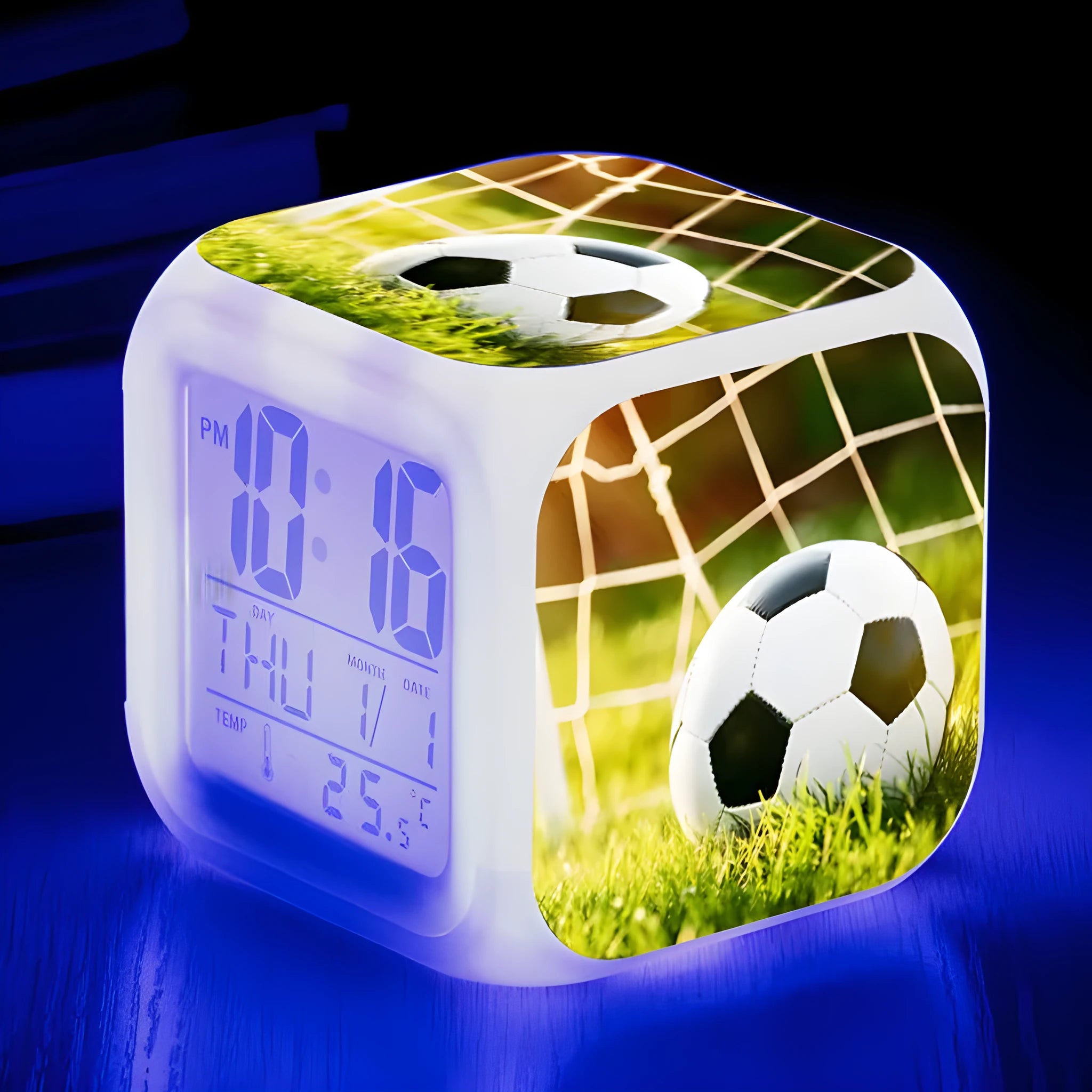 Square football pattern alarm clock with silent mode for children's bedrooms