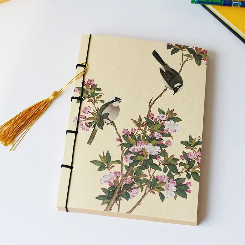 A5 antique wire-bound notebook with retro Chinese painting design on glossy embossed cover