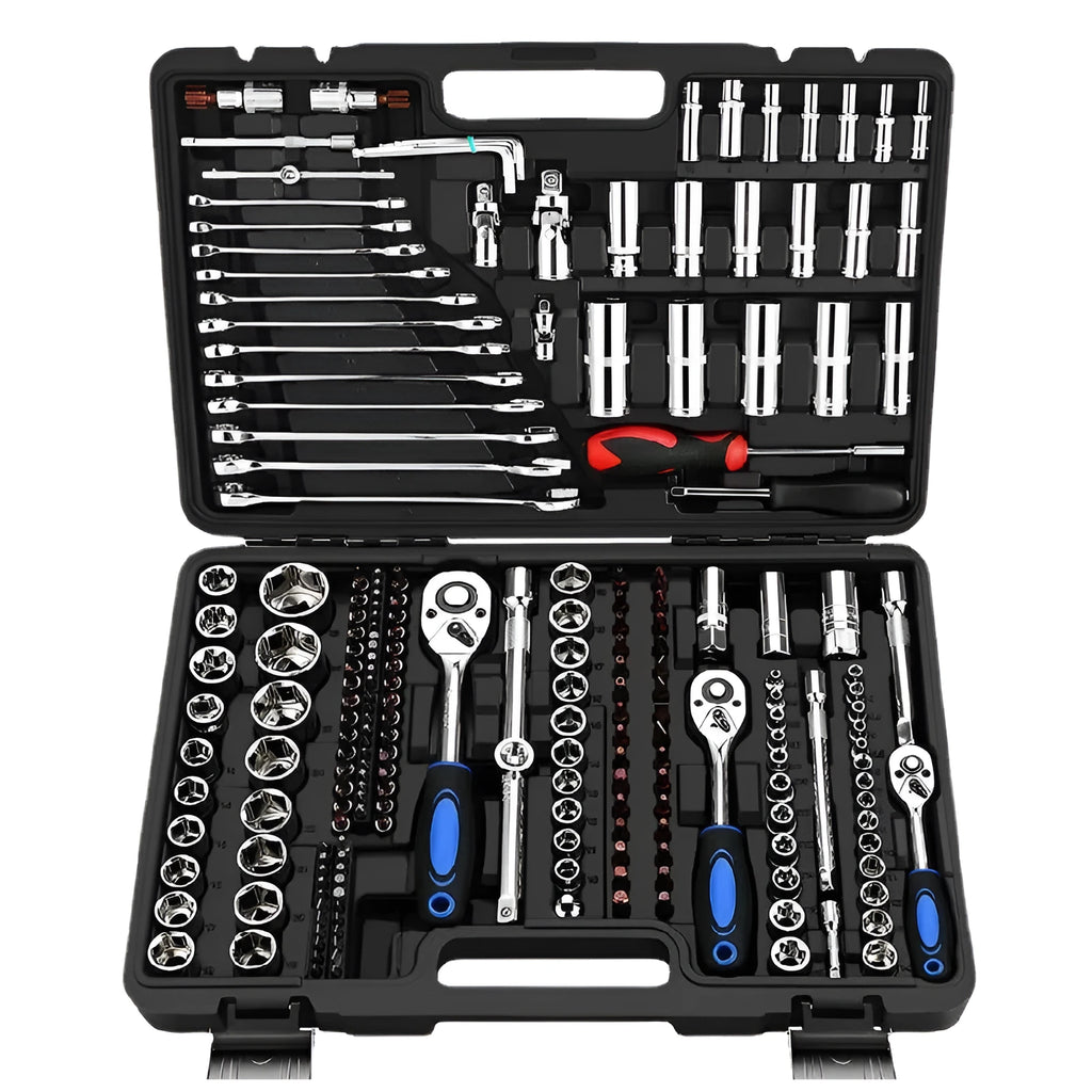 Cr-V steel socket ratchet wrench set with nickel plating in a tool case