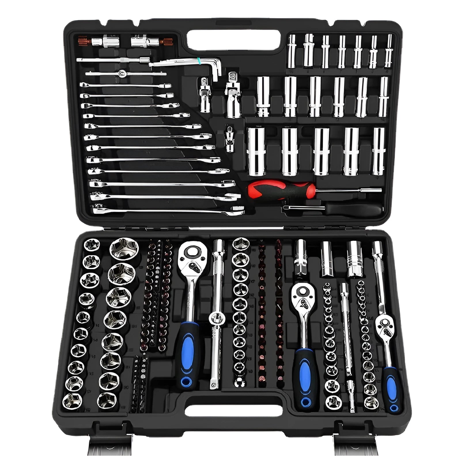 Cr-V steel socket ratchet wrench set with nickel plating in a tool case