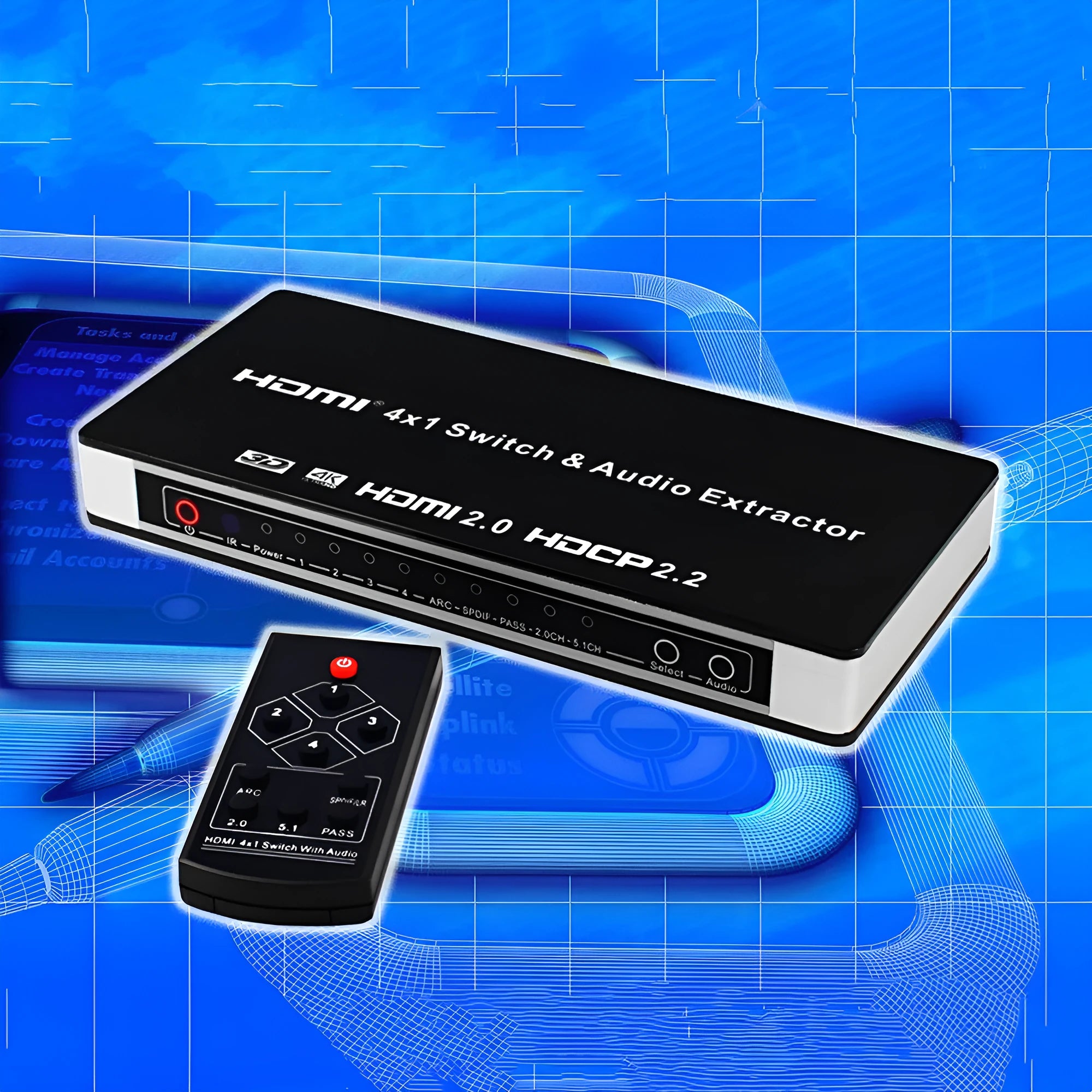 Black HDMI switch box with four input ports, one output port, remote control, and UK power adapter.