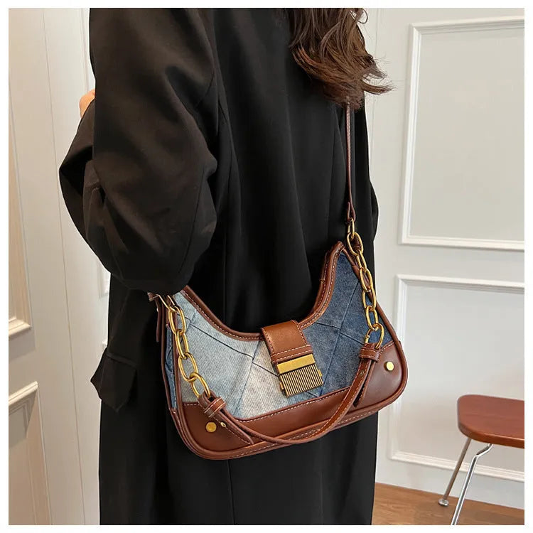 Brown denim women's shoulder bag with diamond chain detail and adjustable double straps