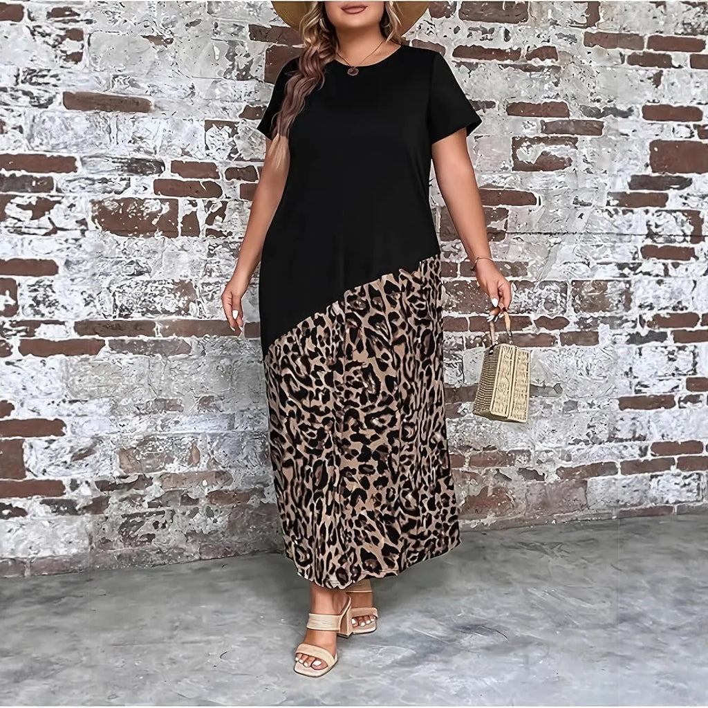 Black leopard print maxi dress for women, plus size 1XL to 5XL, short sleeves, loose fit