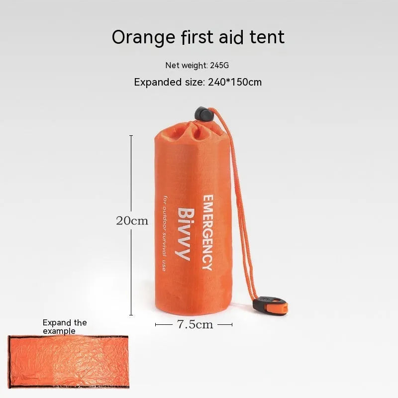 Orange portable disaster relief tent kit with sleeping bag, raincoat, and emergency blanket packed together.