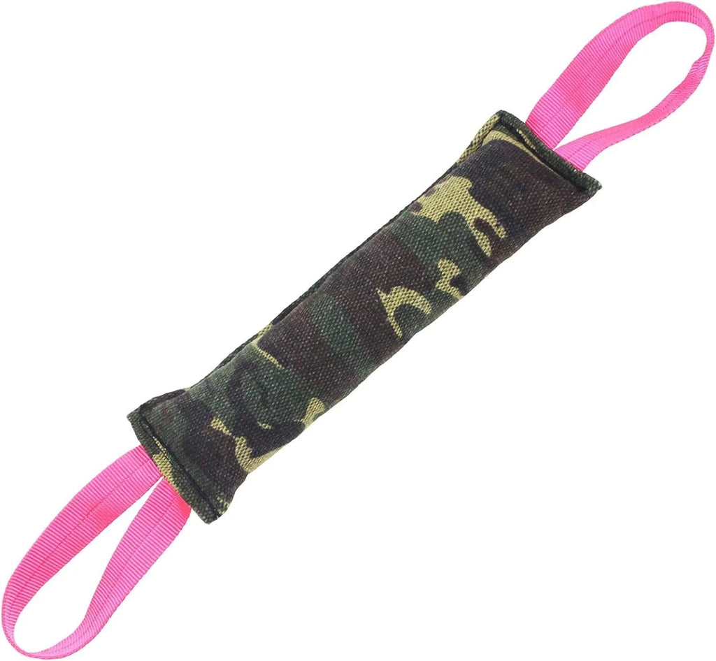 Beige jute dog tug toy with two fabric handles for interactive training exercises