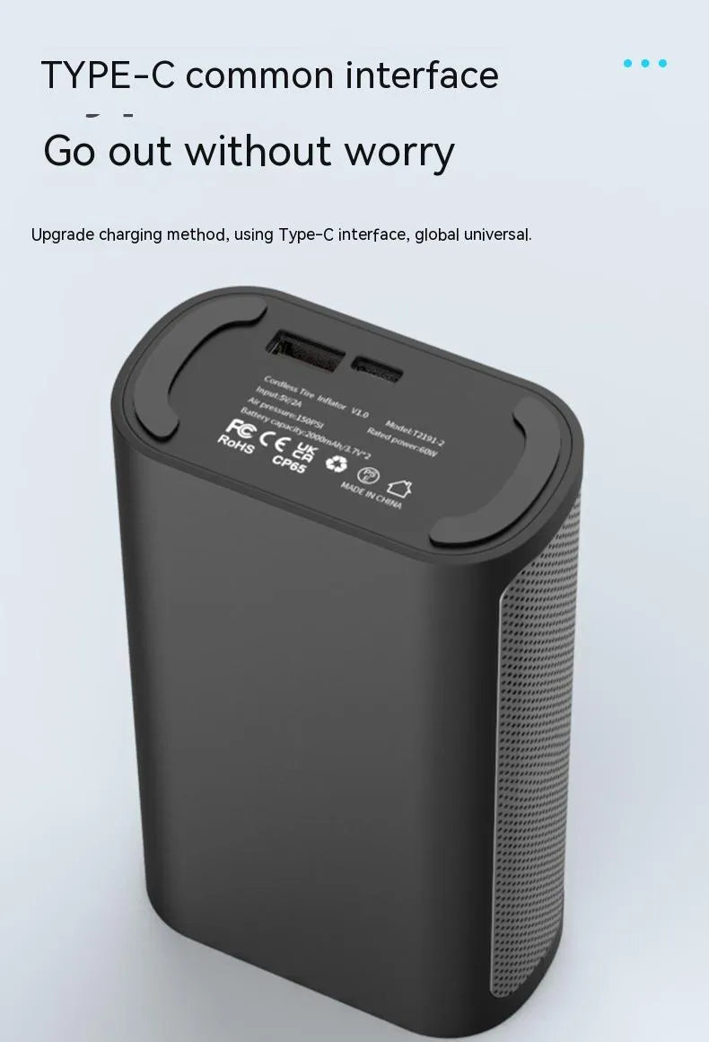 Black wireless digital tyre inflator pump with digital display and multiple nozzle attachments