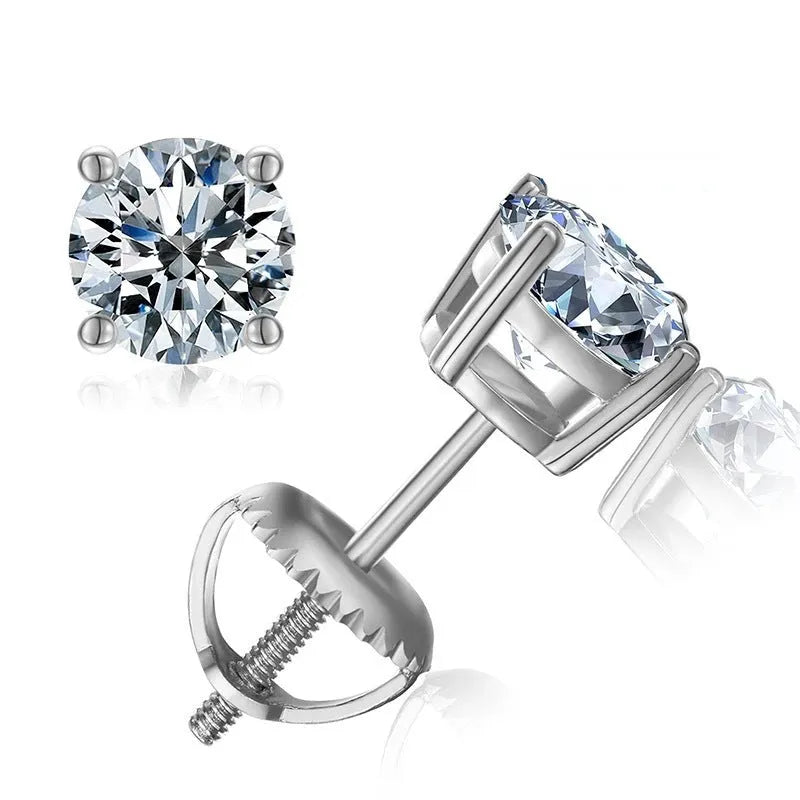 Geometric silver screw fastening moissanite stud earrings with four claw setting