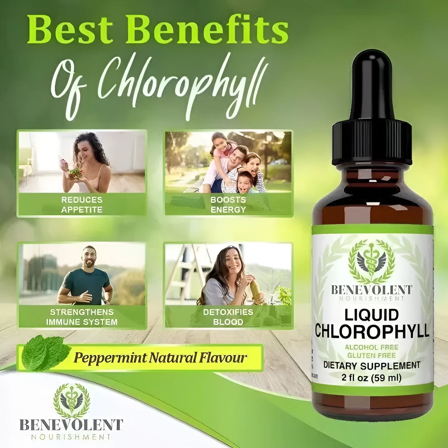 60ml bottle of natural chlorophyll drops with dropper for internal deodorant and intestinal care