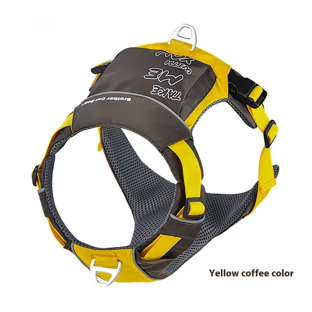Orange blue nylon dog chest strap vest harness with hand rope attachment shown on dog
