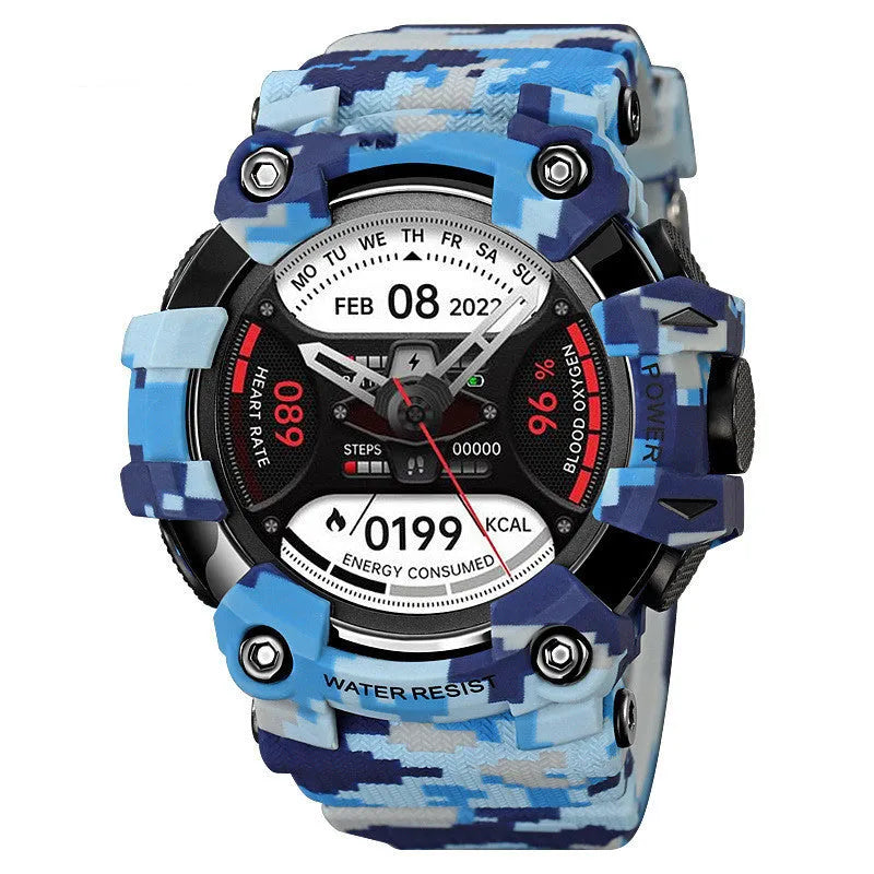 Blue smart watch with 56mm round touch screen display showing health metrics